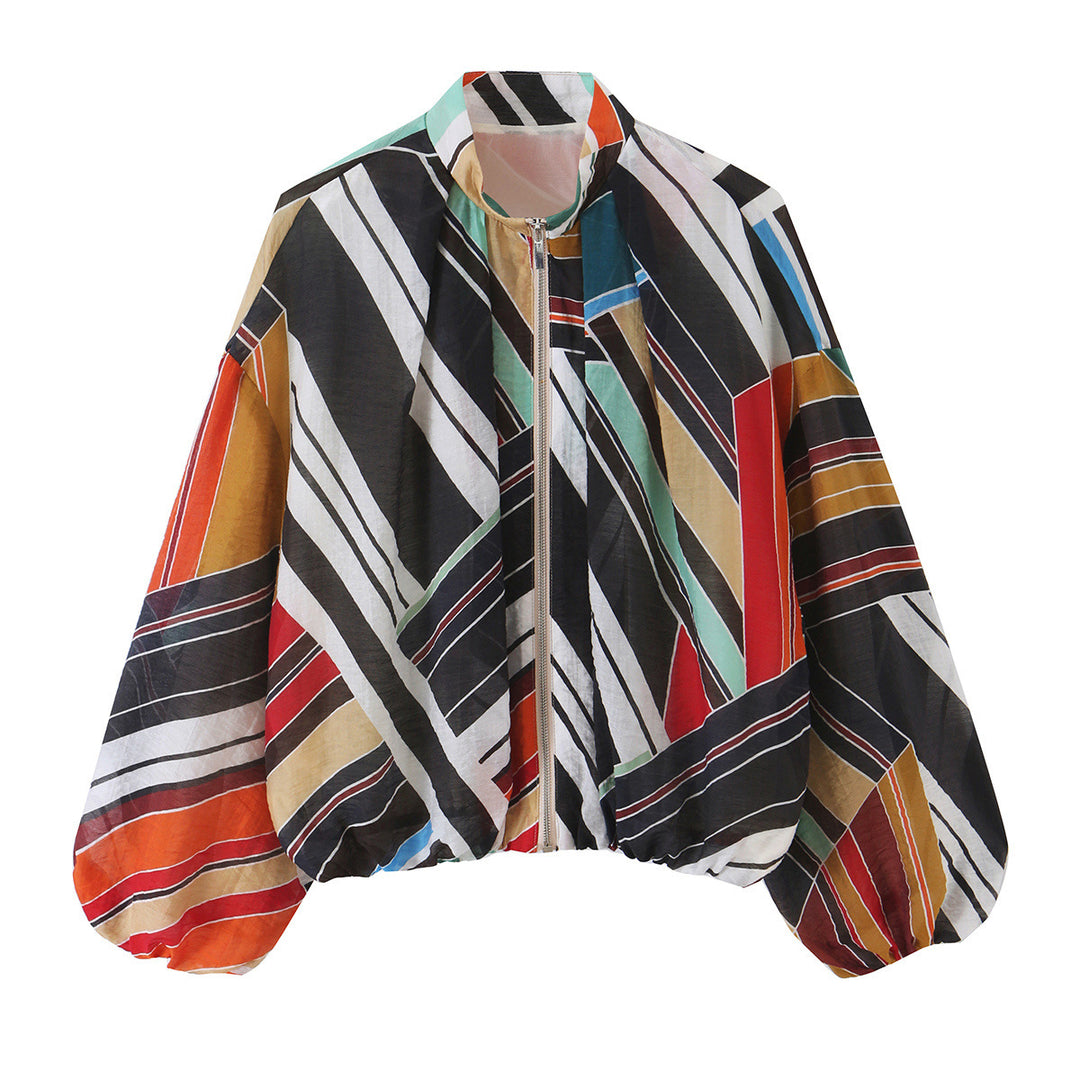 Ladies Lightweight Oversized Bomber Jacket with Geometric Print, Balloon Sleeves and Zip
