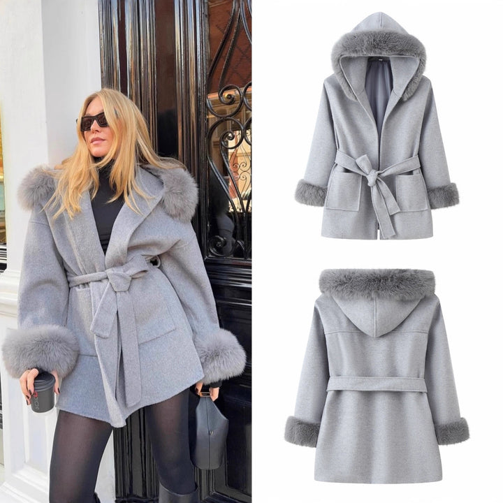 Women's Hooded Wool Blend Coat with Tie Belt and Faux Fur Trim Mune Fashion