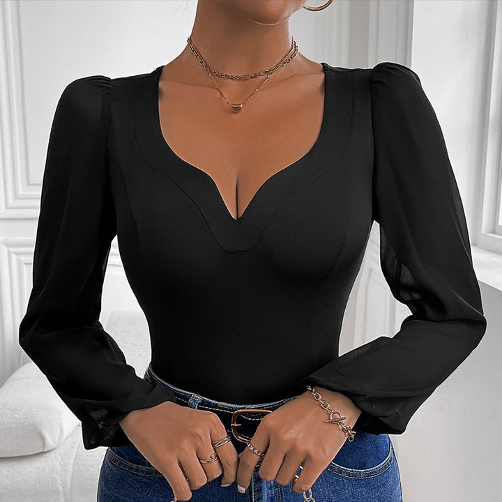 Women's Figure-hugging Body Top with Heart-shaped Neckline, Puff Sleeves and Tailored Silhouette Mune Fashion