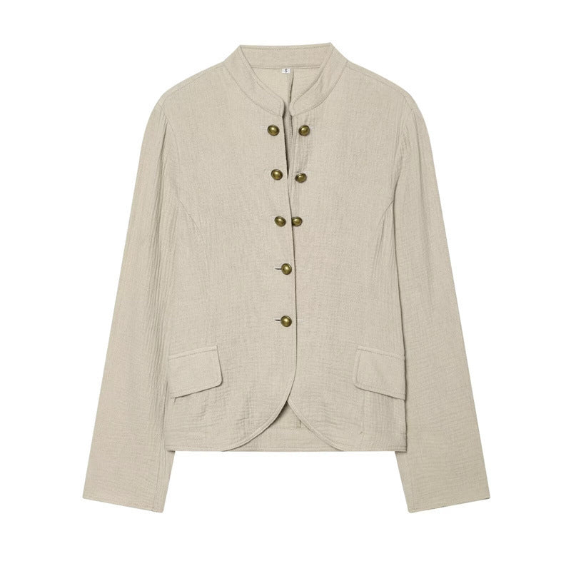 Women Boxy Linen Blazer with Stand Collar, Decorative Button Placket and Patch Pockets Mune Fashion