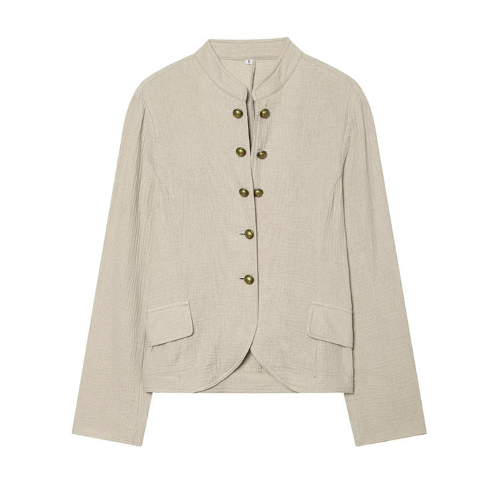 Women Boxy Linen Blazer with Stand Collar, Decorative Button Placket and Patch Pockets Mune Fashion