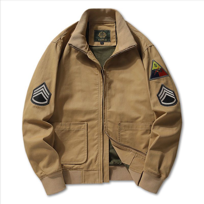 Men's canvas bomber jacket in worker blouson style with badge patches and ribbed collar Mune Fashion