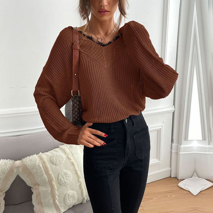 Women's Oversize V-Neck Fine Knit Sweater with Dropped Shoulder and Ribbed Cuffs Mune Fashion