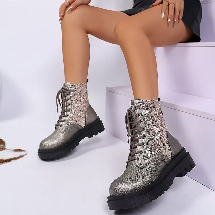 Women's glittering lace-up biker boots with a robust profiled sole and metallic grained surface Mune Fashion