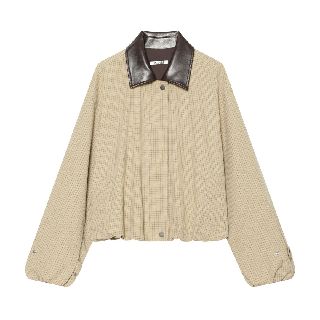 Women's Oversize Boxy Jacket with Check Pattern, Faux Leather Lapel and Drawstring Hem Mune Fashion