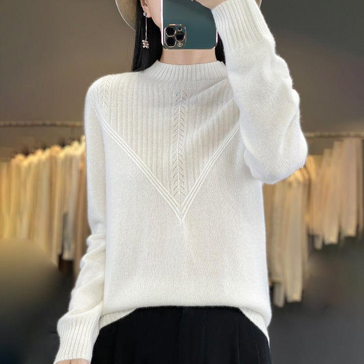 Women's Loose Mohair Blend Sweater with Textured V Panel and Stand Collar Mune Fashion