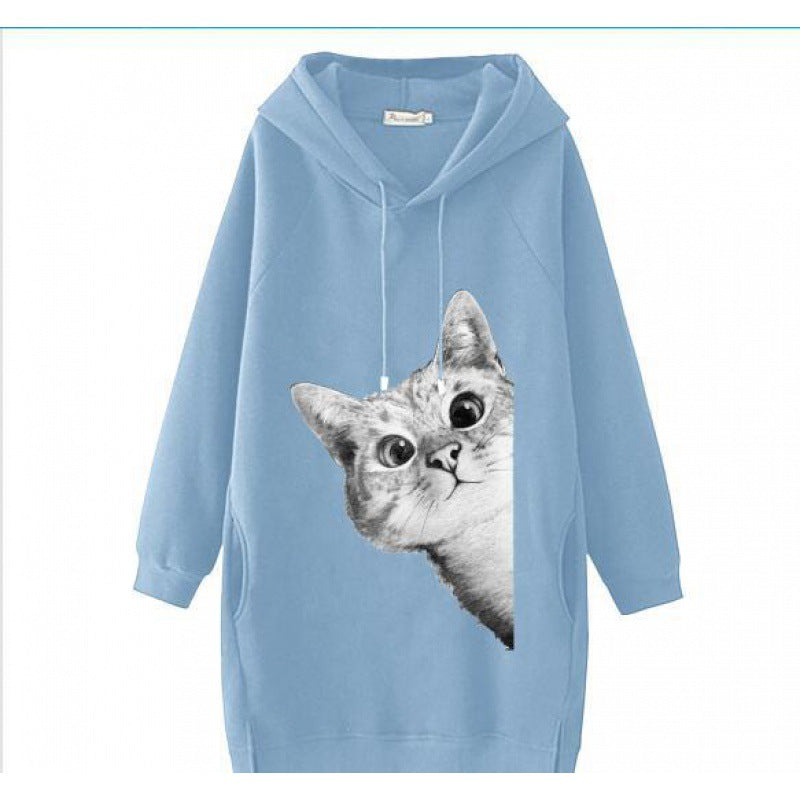 Ladies Oversize Hooded Dress made of Sweat Fabric with Large Cat Print and Side Pockets Mune Fashion