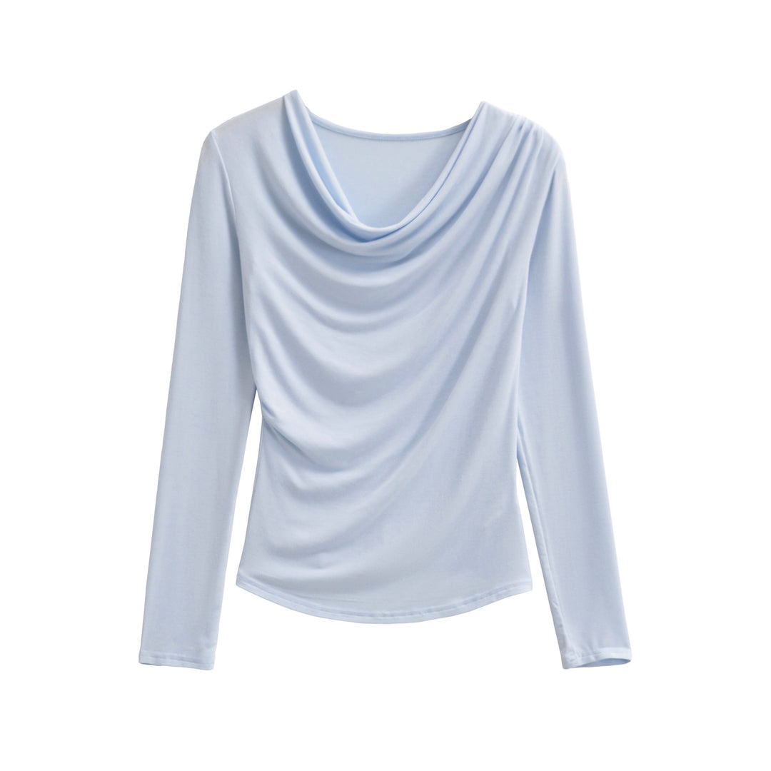 Women's Waterfall Collar Long Sleeve Shirt with Draping and Tailored Wrap Look Mune Fashion