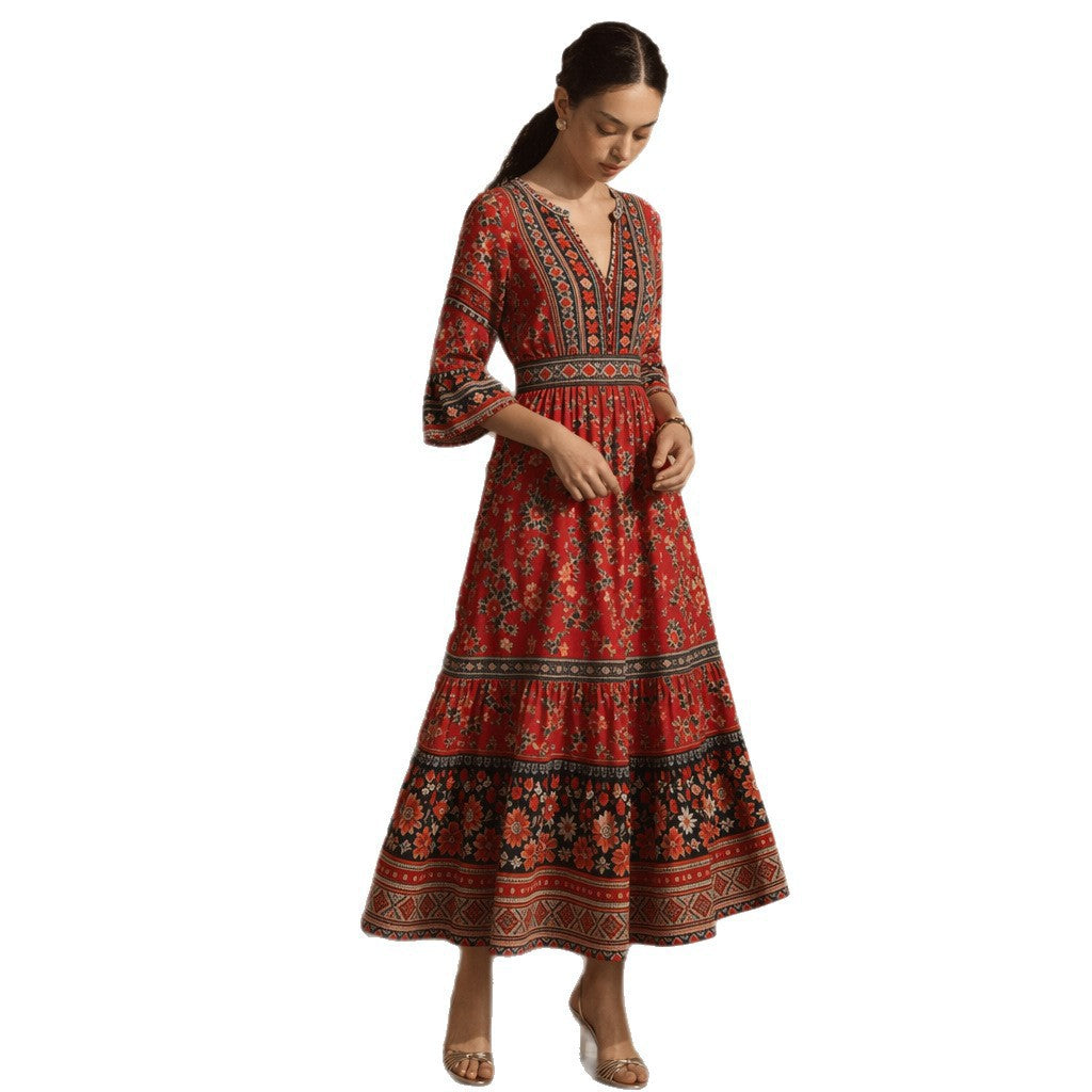 Women long Boho-maxi dress with V-neck, gathered waist and multi-layered tiered skirt Mune Fashion