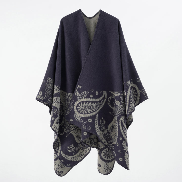 Women's Fine Wool Cape in Overlay Style with Contrasting Border Jacquard Design