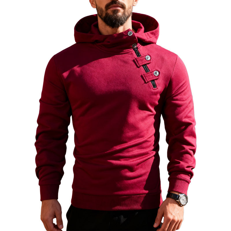 Men's fitted hoodie with high collar, decorative tabs and concealed diagonal zipper Mune Fashion