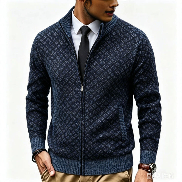 Men's Structured Cardigan with Stand-up Collar and Diamond Jacquard Mune Fashion