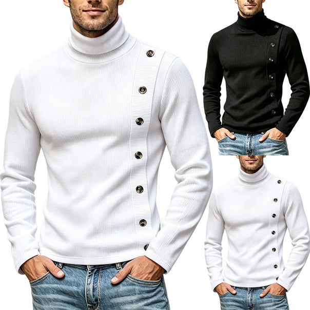 Men's Slim-Fit Turtleneck Sweater with Asymmetrical Decorative Button Placket Made of Ribbed Knit Mune Fashion