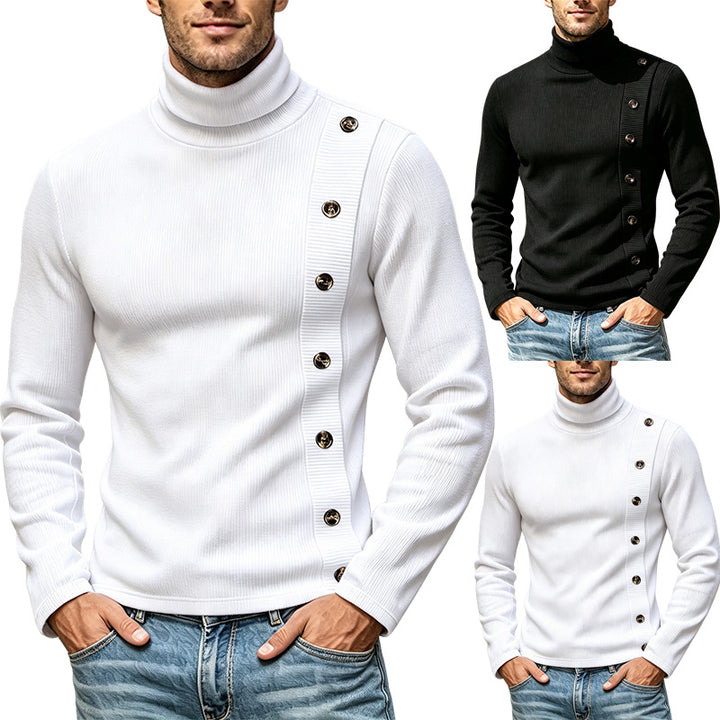 Men's Slim-Fit Turtleneck Sweater with Asymmetrical Decorative Button Placket Made of Ribbed Knit Mune Fashion