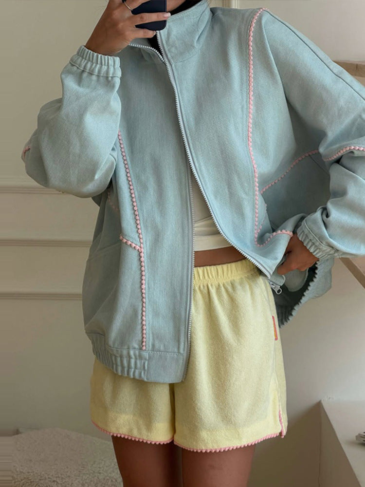 Women's Terry Loungewear Set with Zip Jacket, Oversized Cut & Pom Pom Trim Mune Fashion