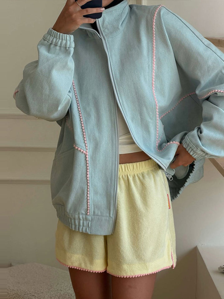 Women's Terry Loungewear Set with Zip Jacket, Oversized Cut & Pom Pom Trim Mune Fashion