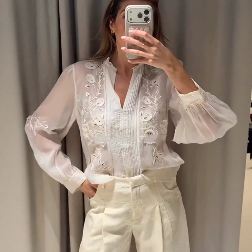 Ladies Transparent Embroidered Chiffon Blouse with Pintucks, V-Neck and Balloon Sleeves Mune Fashion