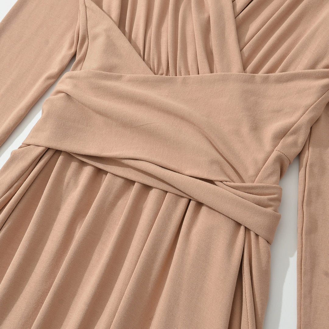 Women's Maxi Wrap Dress with Tailored Wrap Section and Long Sleeves Mune Fashion