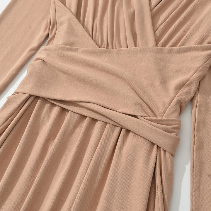 Women's Maxi Wrap Dress with Tailored Wrap Section and Long Sleeves Mune Fashion