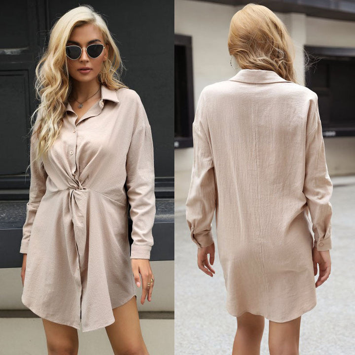 Women's Knot Blouse Mini Dress with Shirt Collar and Tailored Wrap Look Mune Fashion