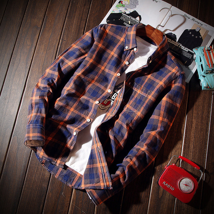 Men's casual checked cotton flannel shirt with button-down collar, chest pocket, and rounded hem Mune Fashion