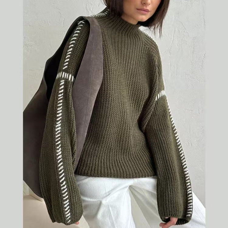 Women's chunky knit oversized sweater with high roll neck edge and decorative stitch sleeves Mune Fashion