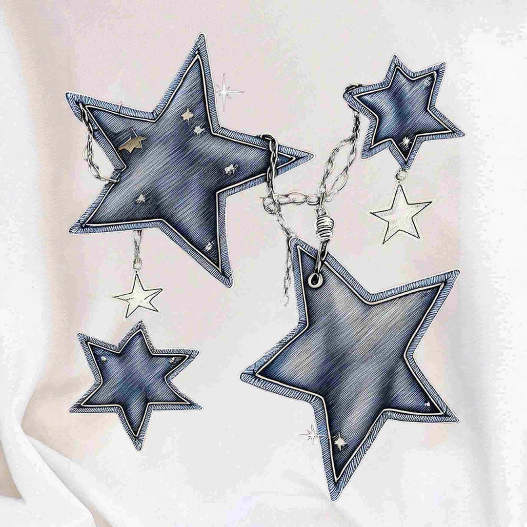 Ladies oversized casual sweatshirt with embroidered star appliqués in denim look and ribbed hem Mune Fashion