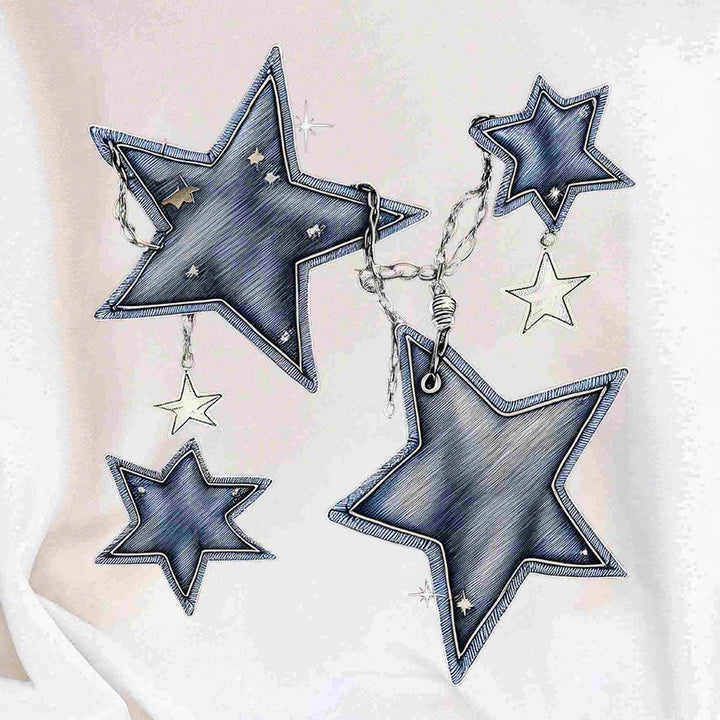 Ladies oversized casual sweatshirt with embroidered star appliqués in denim look and ribbed hem Mune Fashion