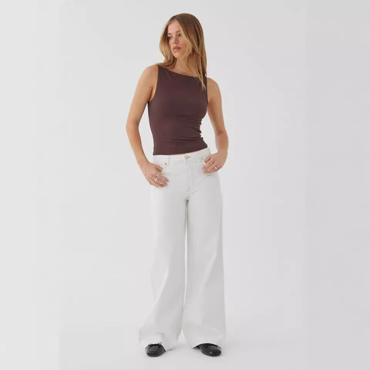 Women's wide denim pants model with deep waist and wide flare Mune Fashion