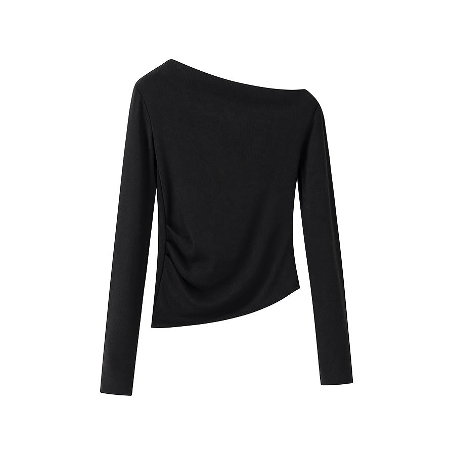 Women's Asymmetrical One-Shoulder Long Sleeve Shirt with Side Gathering Mune Fashion