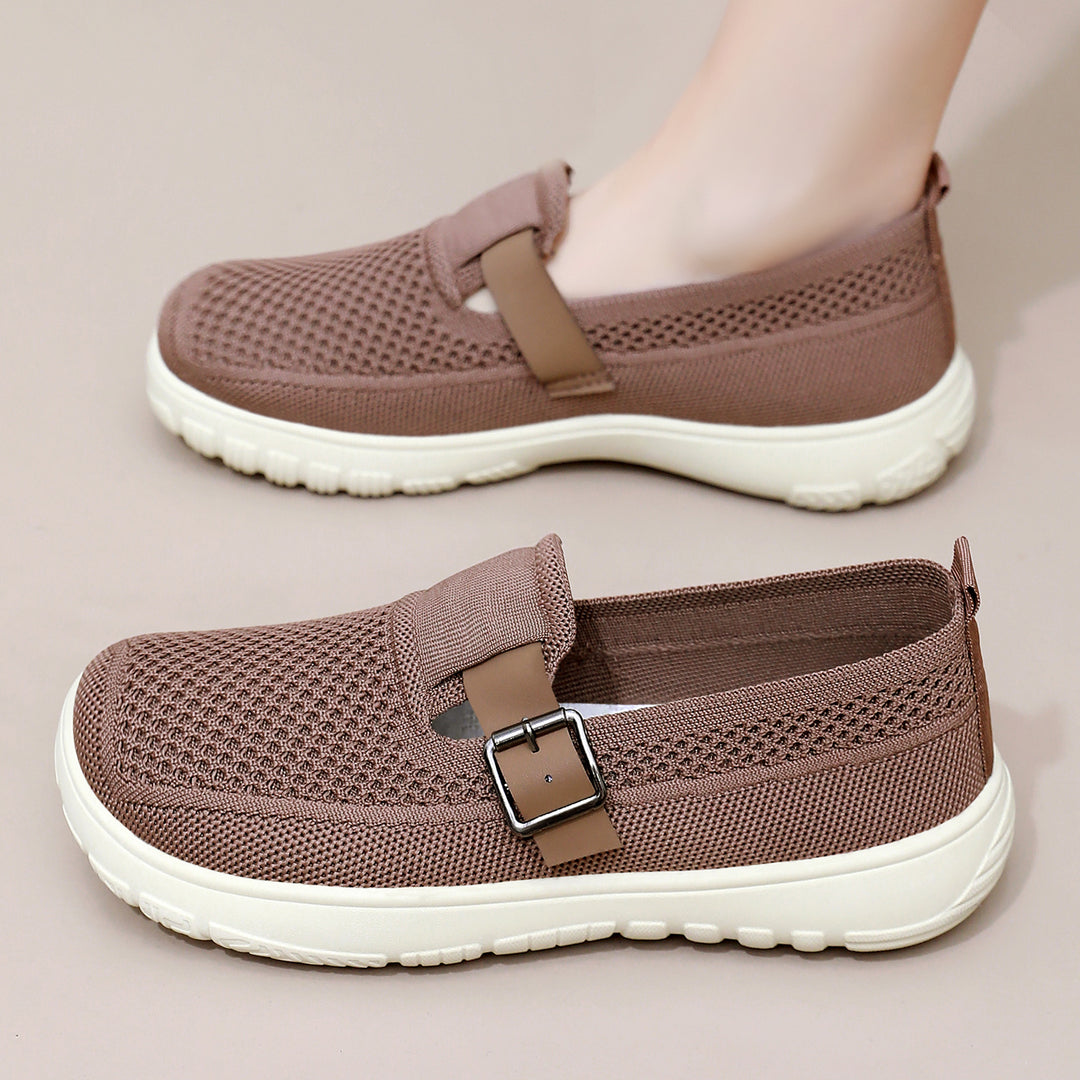 Women's breathable knit slip-on with adjustable metal buckle and cushioned lightweight EVA sole Mune Fashion