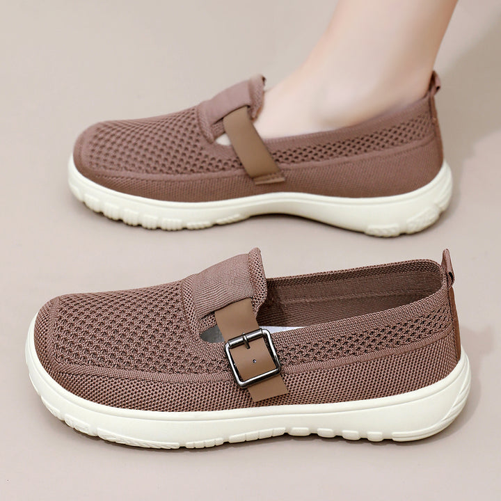 Women's breathable knit slip-on with adjustable metal buckle and cushioned lightweight EVA sole Mune Fashion