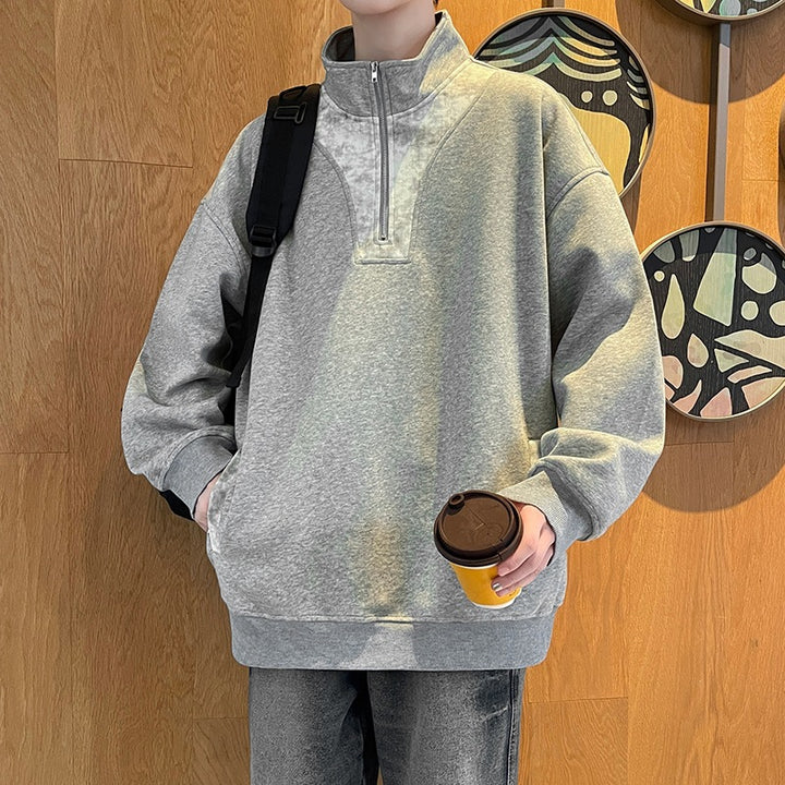 Men's Oversize Stand Collar Half Zip Sweatshirt with Kangaroo Pocket & Contrast Inner Placket Mune Fashion