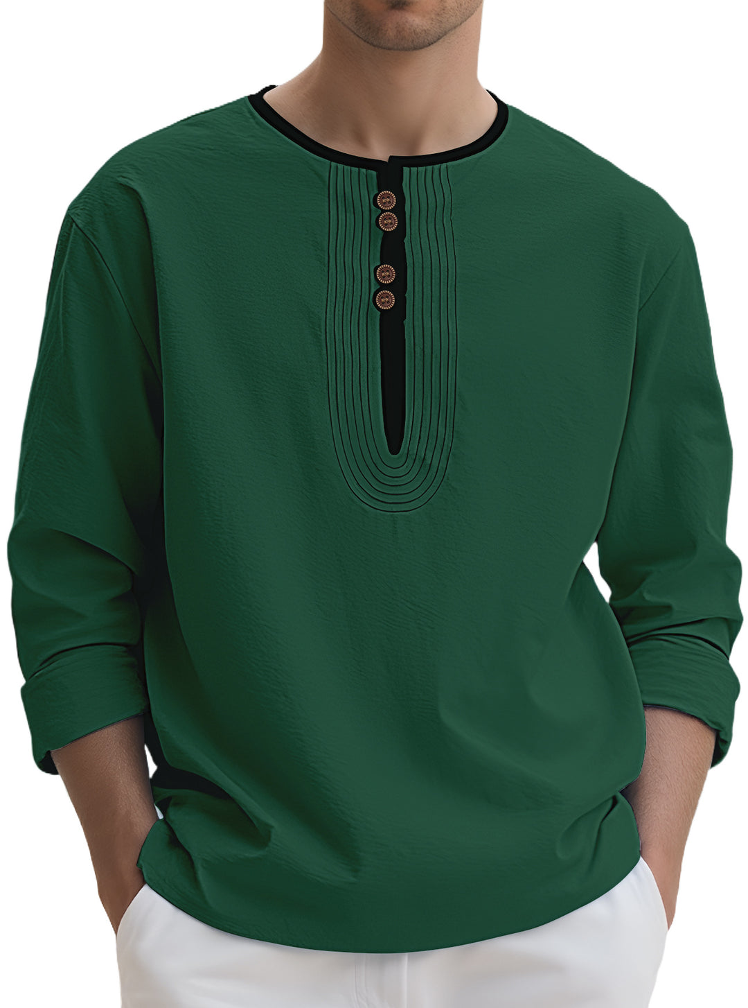 Men's loosely cut long sleeve kurta top with decorative pleats and wooden button placket Mune Fashion
