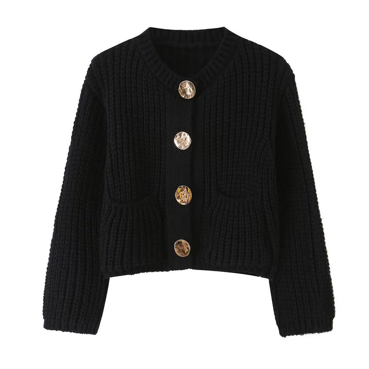 Women Chunky Knit Cropped Cardigan with Decorative Jewelry Buttons and Patch Pockets Mune Fashion