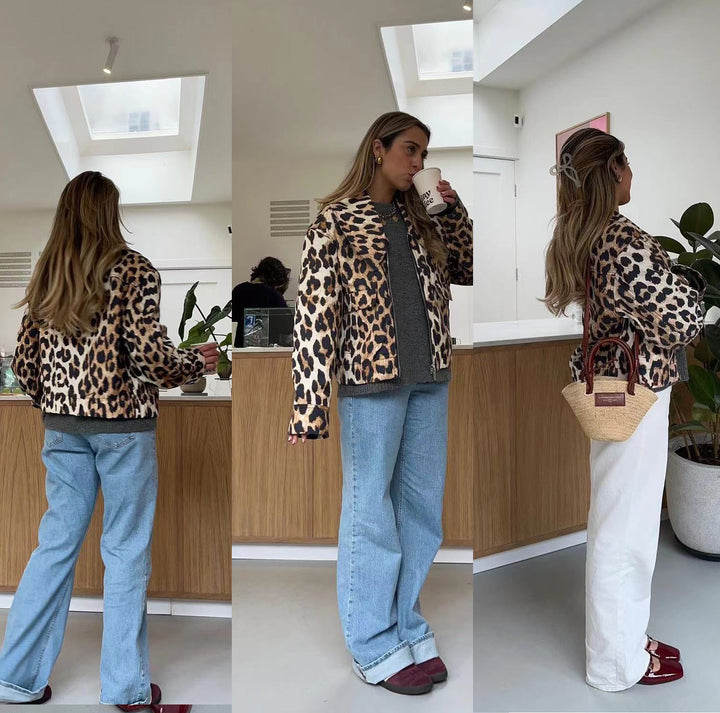 Women's Cropped Field Jacket in Leopard Pattern with Wide Lapels and Flap Pockets Mune Fashion