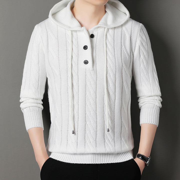 Men's fine knit hoodie with cable pattern, half placket and drawstring Mune Fashion