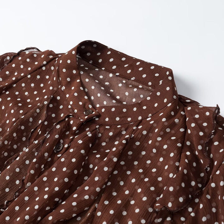 Women's semi-transparent chiffon blouse with dots, ruffle details and bow collar Mune Fashion