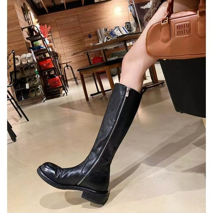 Women Knee-high Smooth Leather Boots with Hidden Zipper and Shock-absorbing Outsole Mune Fashion