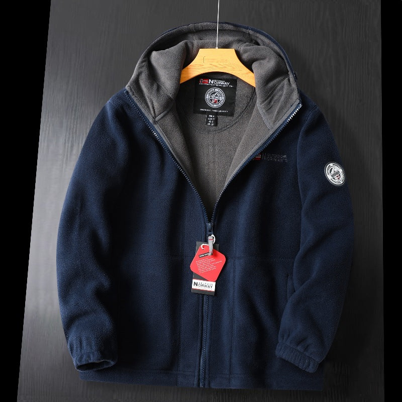 Men's fleece hooded jacket with warming microfleece lining, full-length zipper, and logo patches Mune Fashion
