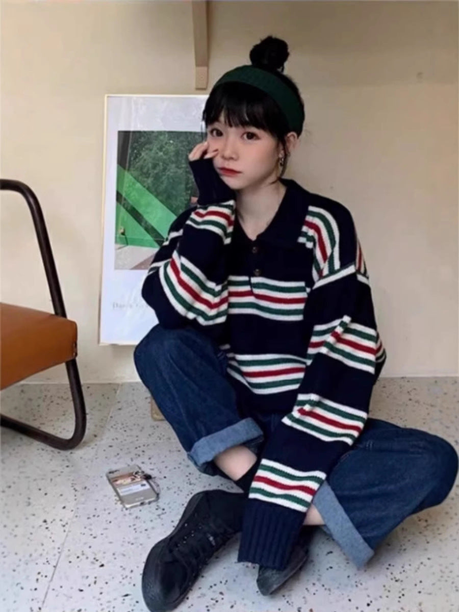 Women's Oversize Polo Collar Knit Sweater with Maritime Block Stripes and Boxy Cropped Silhouette Mune Fashion