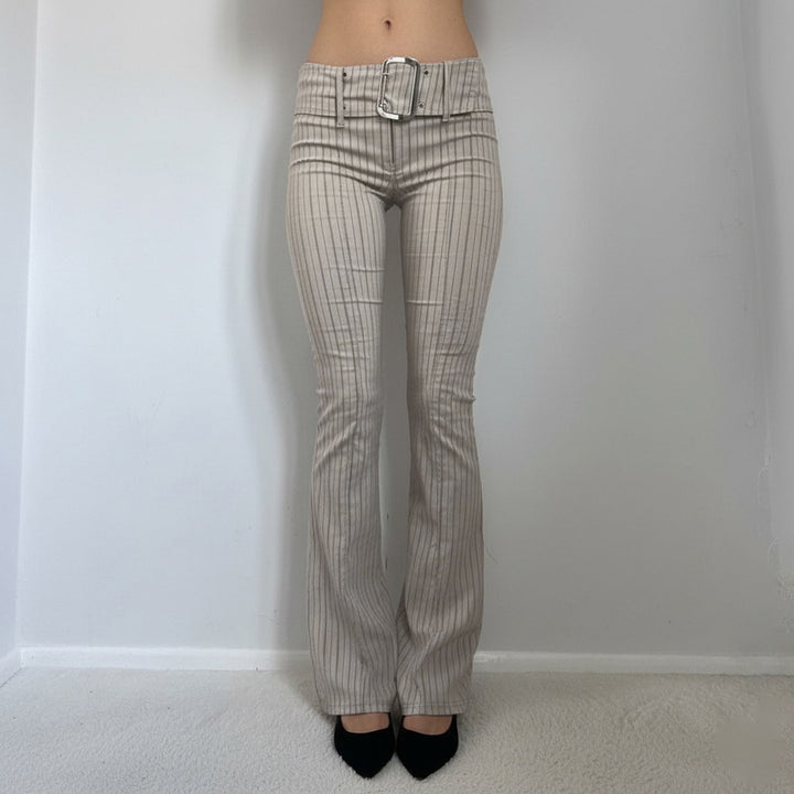 Women’s high-waisted pinstripe flared trousers with wide tie belt and figure-enhancing crease Mune Fashion