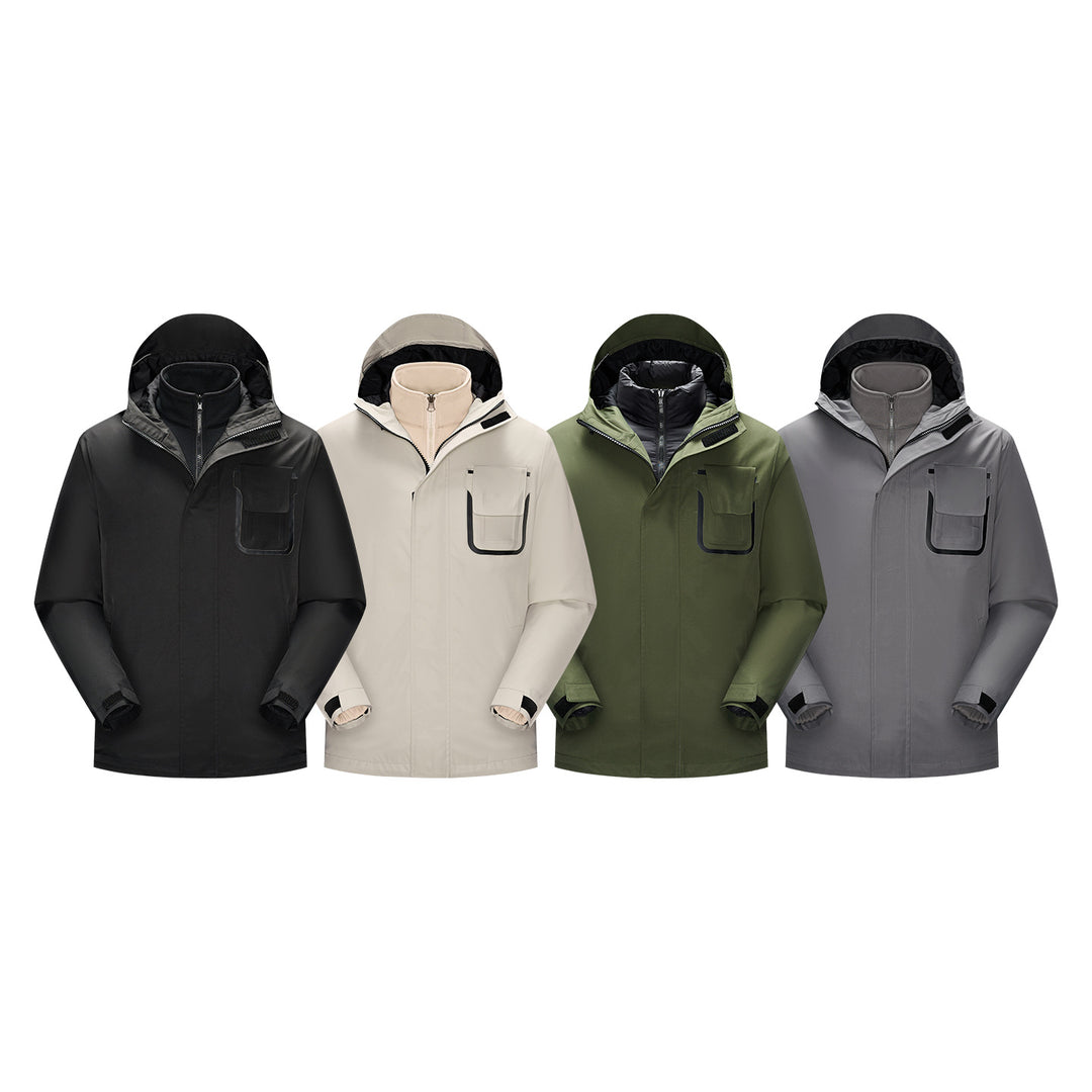 Men's waterproof utility outdoor jacket with concealed front, hood, and functional chest pocket Drune