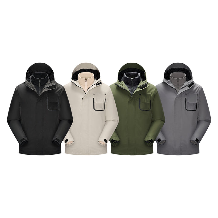 Men's waterproof utility outdoor jacket with concealed front, hood, and functional chest pocket Drune
