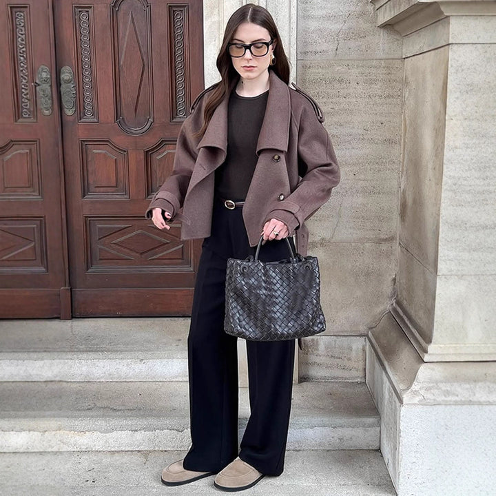 Women's Short Double-Breasted Wool Blend Peacoat with Dropped Shoulders and Epaulettes Mune Fashion