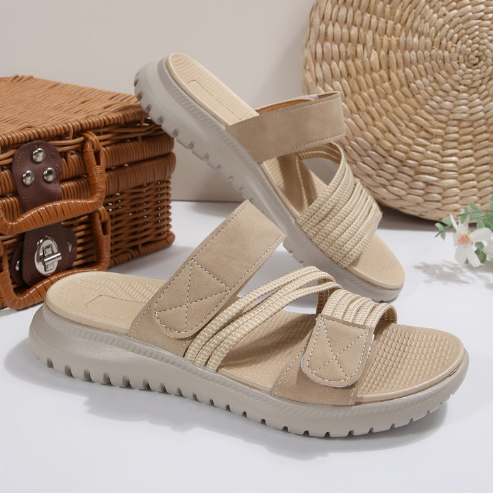 Damen Komfort-Pantolette mit verstellbaren Klettriemen, elastischen Zierbändern und stoßdämpfender Profilsohle Mune Fashion