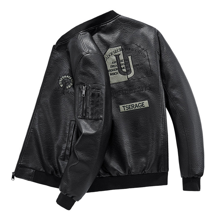 Men's Fashion Faux Leather Bomber Jacket with Pockets Mune Fashion