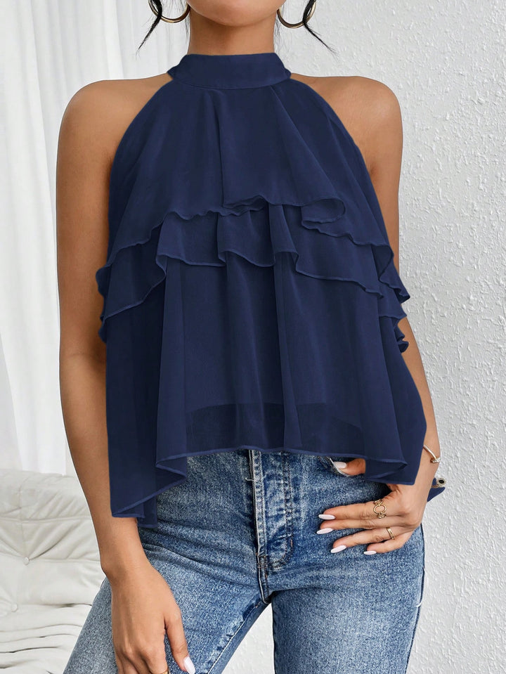 Women's Airy Chiffon Top with Stand Collar and Layered Ruffles Mune Fashion