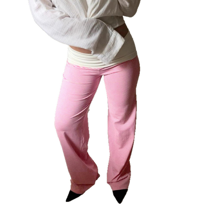 Women's lounge pants with high foldover waistband, wide leg, and fine stripe pattern Mune Fashion