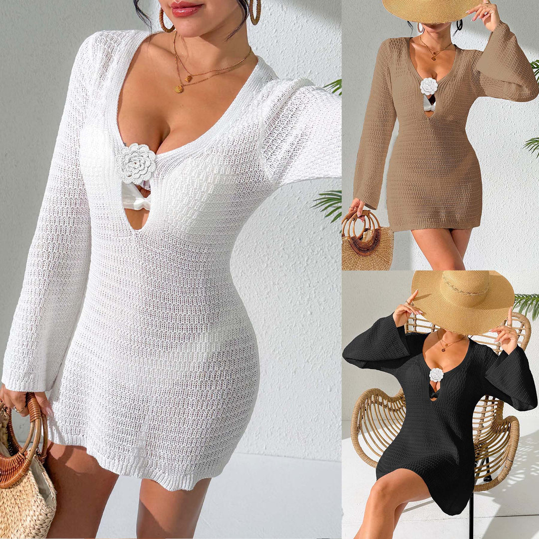 Women's crocheted beach dress with deep V-neckline and elegant flower Mune Fashion